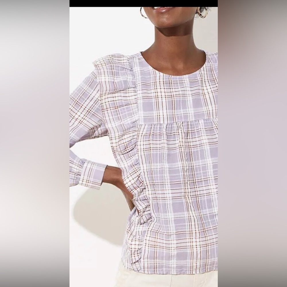 Ann Taylor LOFT  Women Frosted Lavender Plaid Ruffle Cropped Blouse, L Prairie